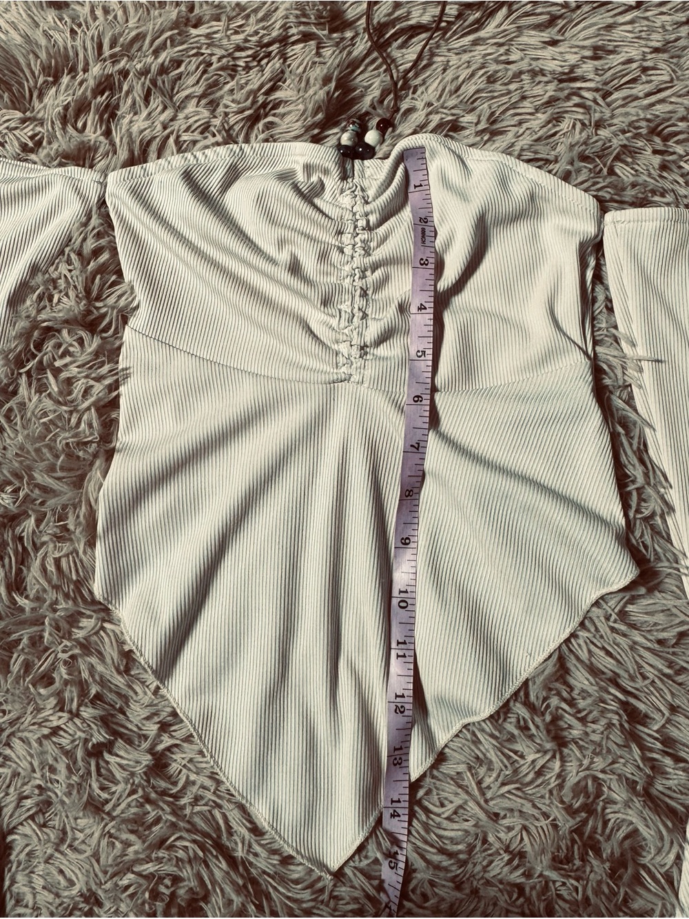 Off-Shoulder Ivory Handkerchief Hem Ribbed Top - Picture 2 of 5